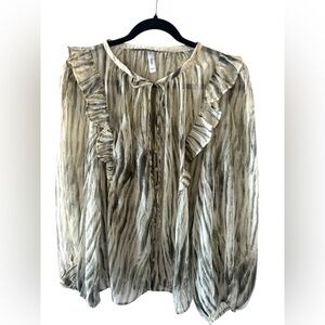 MANGO Elegant Striped Ruffle long sleeve sheer Blouse size Large oversized